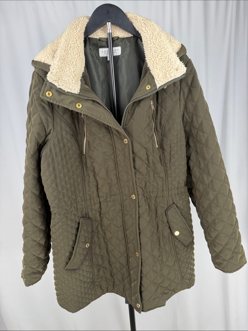 Laundry By Shelli Segal Olive Quilted Sherpa Collar Puffer Jacket